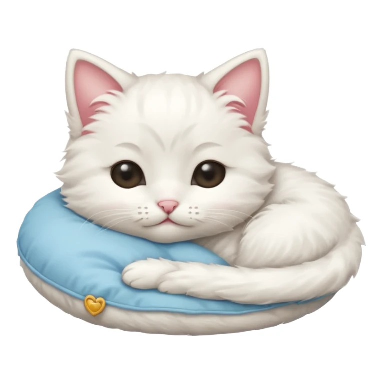 white fluffy kitten snuggling a pillow, cheeks rosy, eyes closed in > < shape sticker