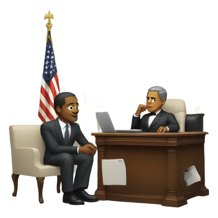 President sitting at a desk with another man in a suit talking to him  sticker