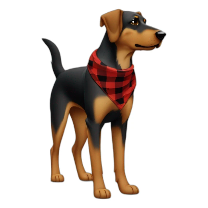 75% Coonhound 25% German Shepherd mix dog wearing small pointed red buffalo plaid bandana side view full body facing left sticker