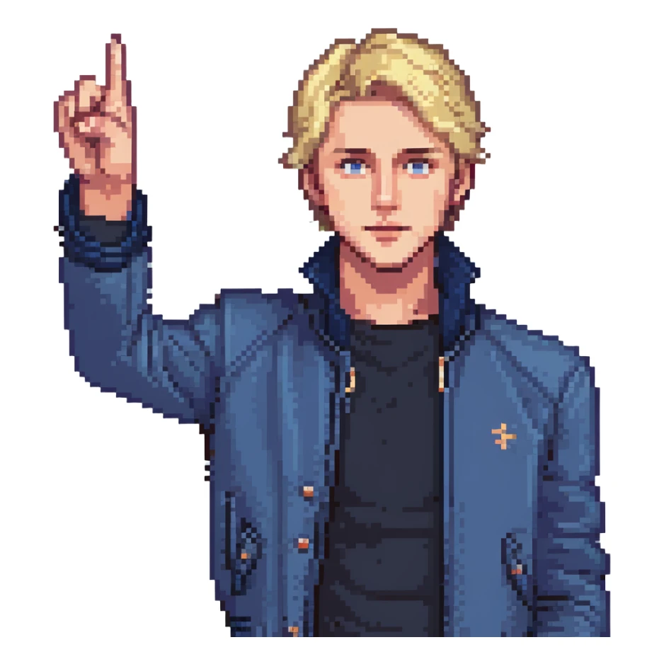 Flat pixel art, confident male leader, Caucasian, short neat blonde hair, sharp eyes, indigo jacket, one arm raised gicing direction, waist-up, front-facing sticker