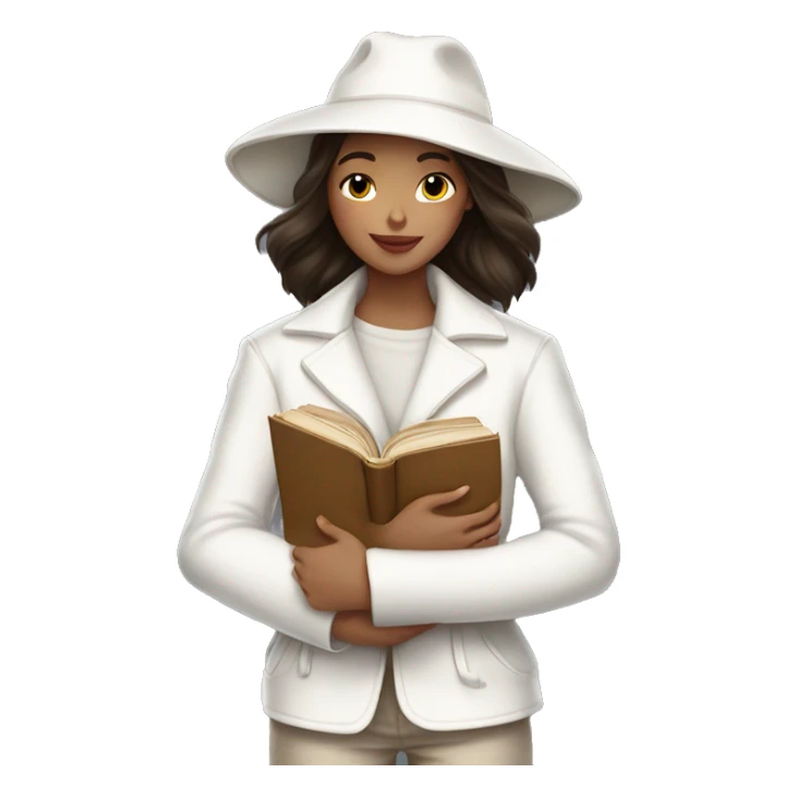 brunette girl in a white jacket in a white hat hugs a book sticker