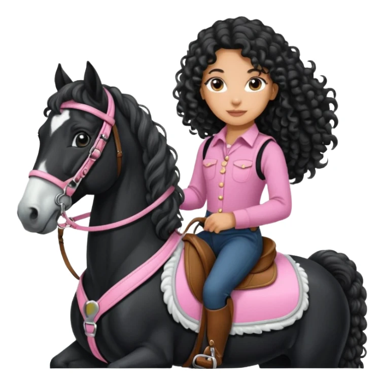 Realistic mixed race girl with long curly hair, riding a big black and white draft horse, wearing pink harness and saddle  sticker