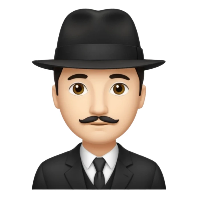 A light-skinned man with short dark hair, a thin mustache, and a black fedora, with an oval face and calm look. sticker