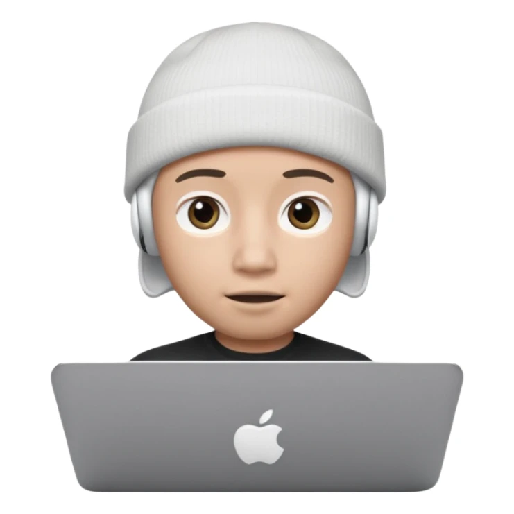 Apple Memoji–style 3D avatar, front-facing, centered.
Young male wearing a dark beanie and white AirPods, behind a silver laptop.
Big expressive eyes, smooth cartoon skin, soft lighting, white background, high quality. sticker