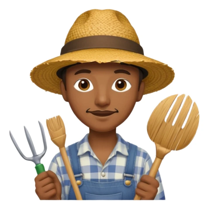 black gardener holding gardening tools, with hat sticker