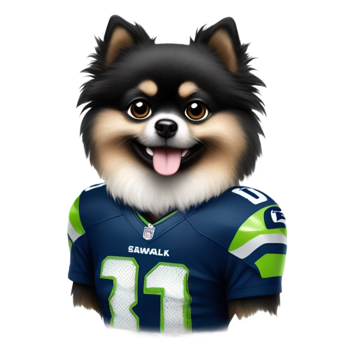 Black and white Pomeranian wearing Seahawks jersey sticker