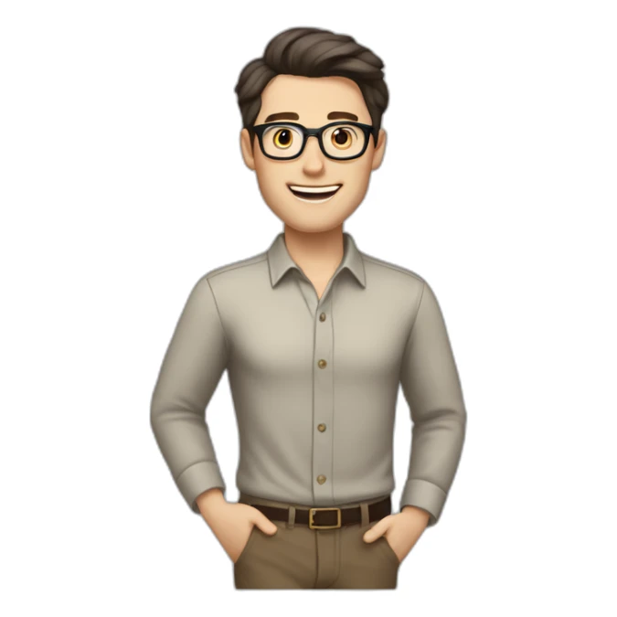 Joyful Full height Pale skinned Fit Man With dark brown hair in gray jacket, beige office shirt, Brown pants and vintage glasses. His thrumbs up sticker