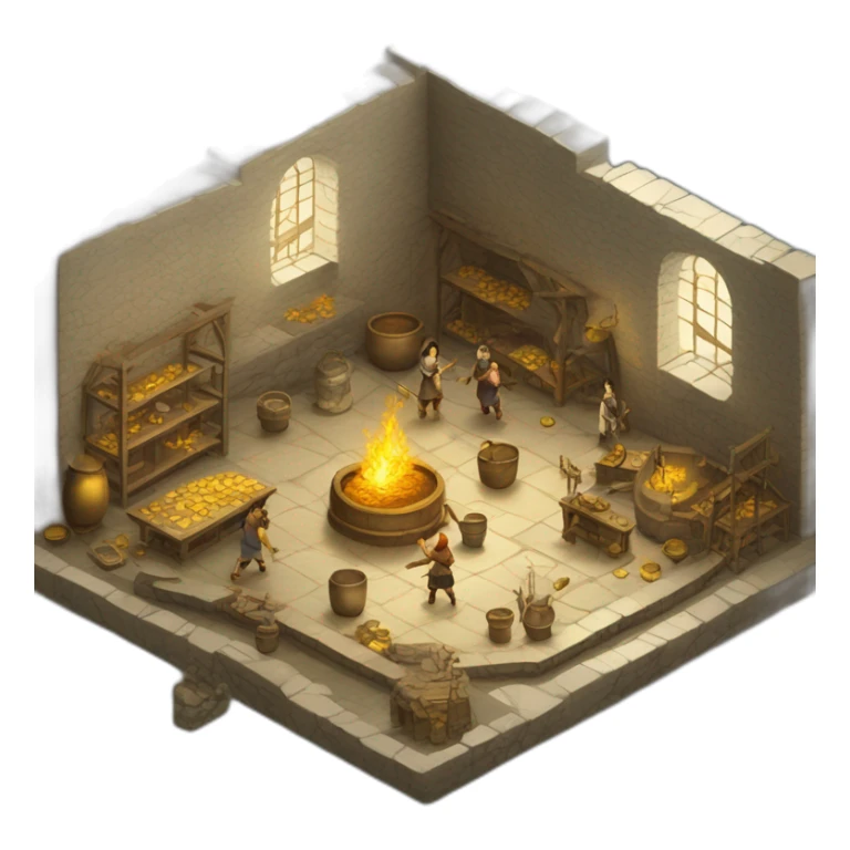 open floor plan of a medieval mint showing different people working, one person on the furnace, some people molding liquid gold into coins sticker