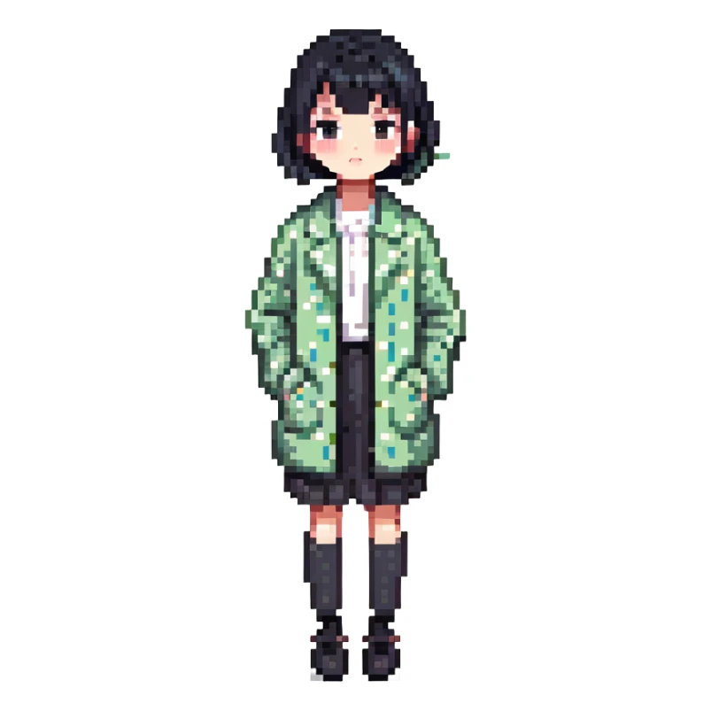 girl with black bob-cut hair, dotted coat, Chinese appearance sticker