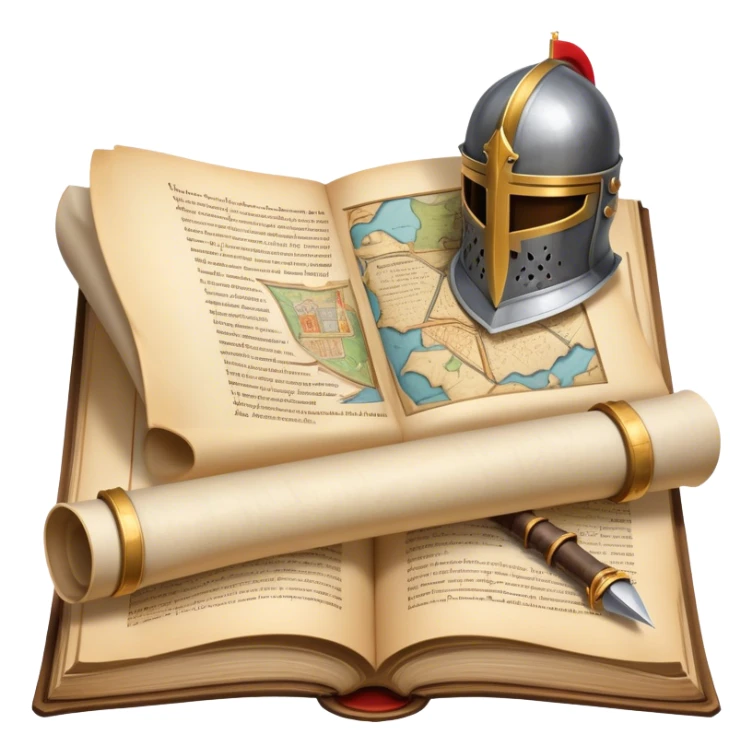 Icon for Historical Fiction Reading: an open book with pages showing ancient scrolls, a quill, a knight's helmet, and a parchment map. The icon should evoke the adventure and grandeur of historical settings and storytelling. Transparent background. sticker