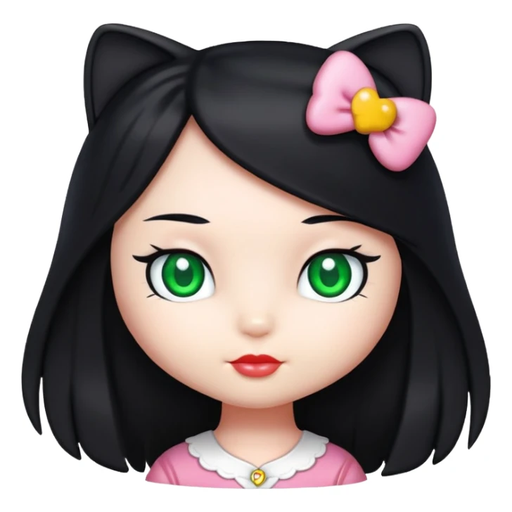 Hello Kitty, with long black hair and green eyes sticker