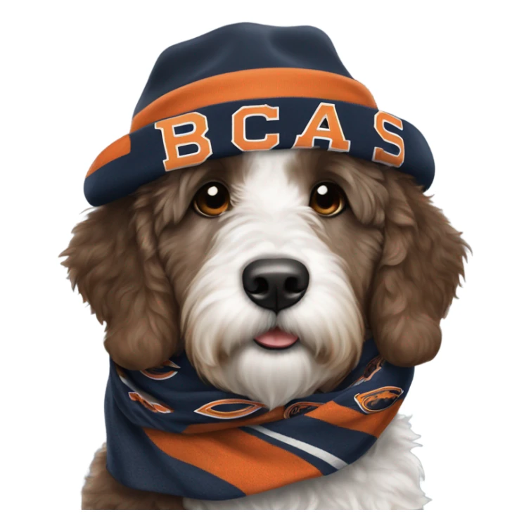 Bernedoodle with chicago bears hat and scarf sticker