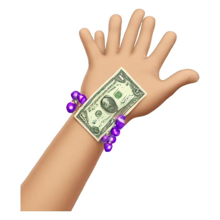 hand with purple bead bracelet holding money sticker