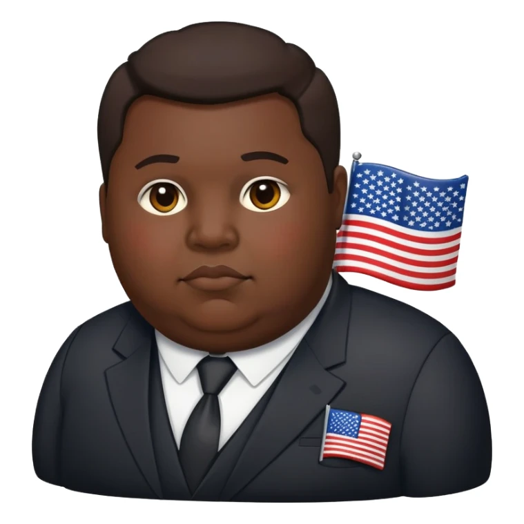 overweight person in dark suit with US flag pin sticker