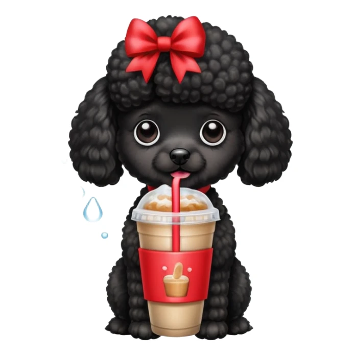 Black poodle dog wearing a bow and holding ice coffee sticker