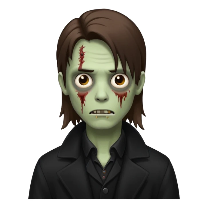 zoZombie, emo guy, with dark circles under his eyes and long brown hair, in a black long
 sticker