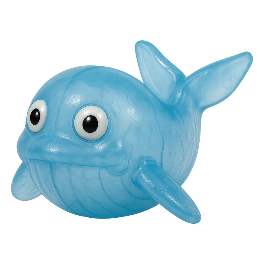hyper-detailed retro 90's toy style see-through semi-transparent blue plastic whale with derpy eyes soft plastic soft reflections soft and squishy some cloudiness not shiny highly detailed appealing no tag no background sticker