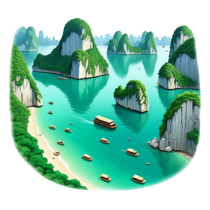Cinematic Realistic Ha Long Bay Landscape Emoji, depicted with limestone karsts emerging from emerald waters rendered with intricate detail and dynamic natural lighting. sticker