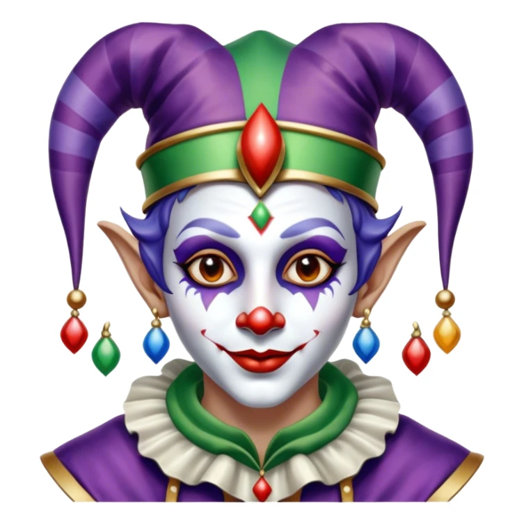 Full view, Cinematic and Ultra realistic 32k HD hauntingly beautiful jester with Balanced features, highly detailed, glowing with silver light, high shine, remembrance, a painting of white silver, fanciful, enchanting. The image is so lifelike it could leap off the canvas at any moment sticker
