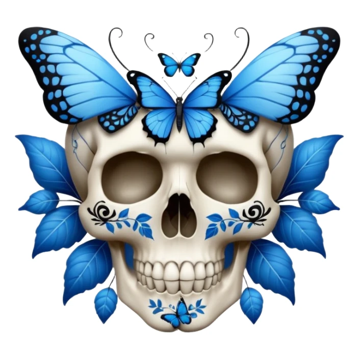 White skull with blue butterflies, leaves, and black intricate patterns sticker