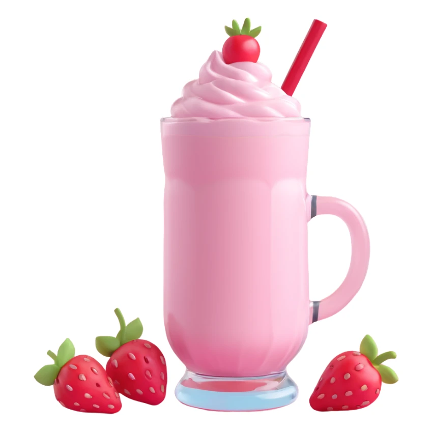 3D style strawberry milkshake with pink hue and cherry on top, glass mug, extra cherries, pastel background sticker