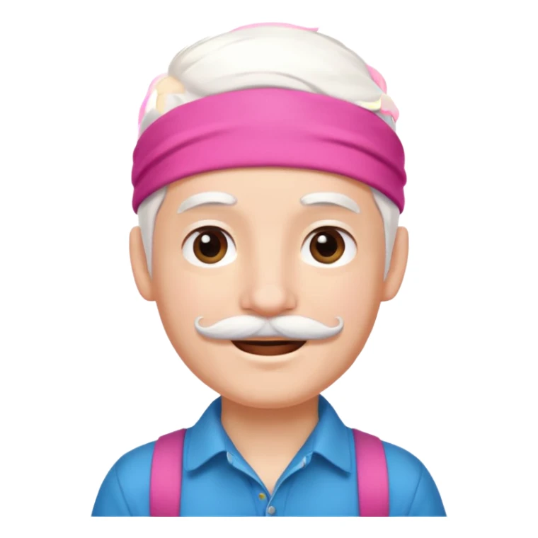 young climber boy with white hair and pink headband and mustache sticker