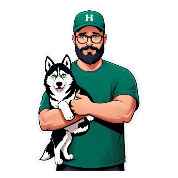 A bold man with a grey baseball cap, green eyes, big beard and glasses next to a husky dog sticker