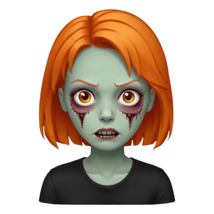 Faça uma zumbi feminina com cabelos médios e laranja, deve estar vestindo uma camisa preta e ter seus olhos castanhos escuro, não esqueça de colocar a sombrancelha da cor do cabelo  sticker