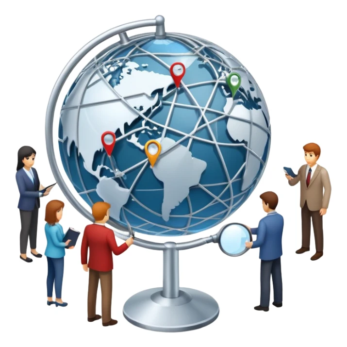 An icon featuring a group of people, a network diagram, and a magnifying glass, symbolizing sociology. The design includes a globe and interconnected lines, representing social structures and relationships. Transparent background highlights the study of societies and human behavior. sticker