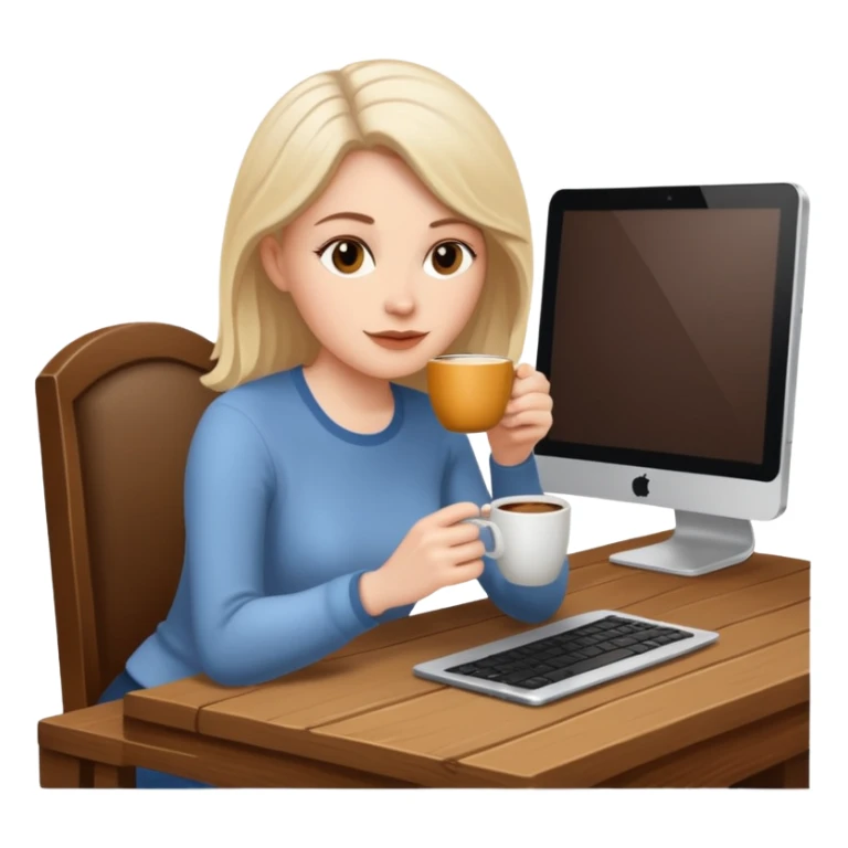 mujer blanca tomando cafe y con un computador sentada en una mesa  sticker