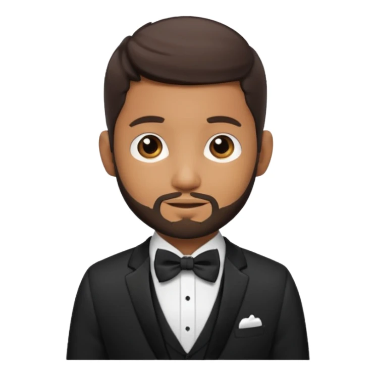 Usher with dark brown hair and short beard, black suit with bow tie sticker