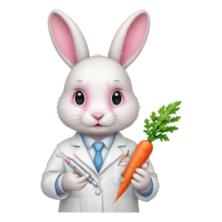 ​​White bunny in lab coat holding carrot syringe.







 sticker