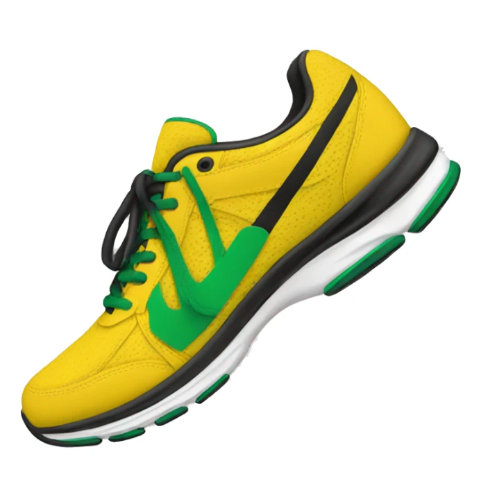 Yellow running shoes and green bottom and black strings sticker
