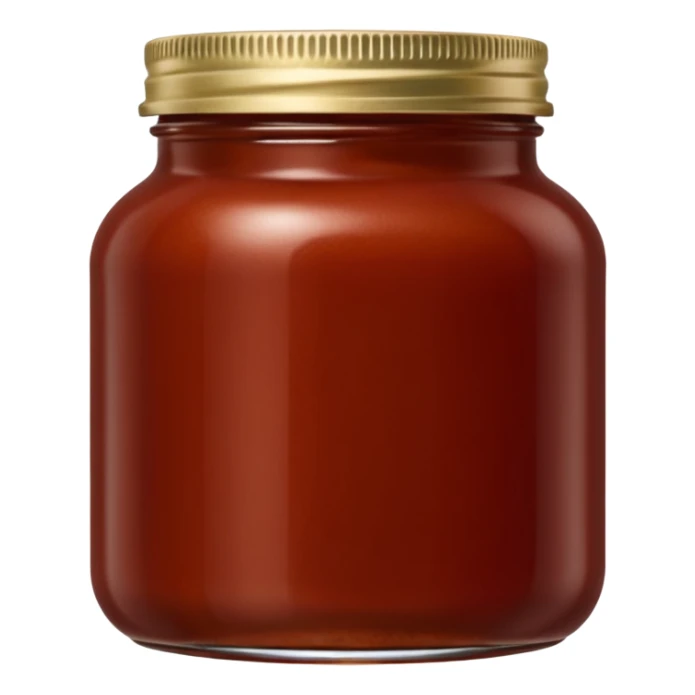 transparent glass jar of enchilada sauce, rich reddish-brown, smooth thick glossy sauce, visible surface texture, deep earthy red, simple jar, closed or open lid, no label, no extra items, no faces, clean 3D, soft shadows, transparent background, emoji scale sticker