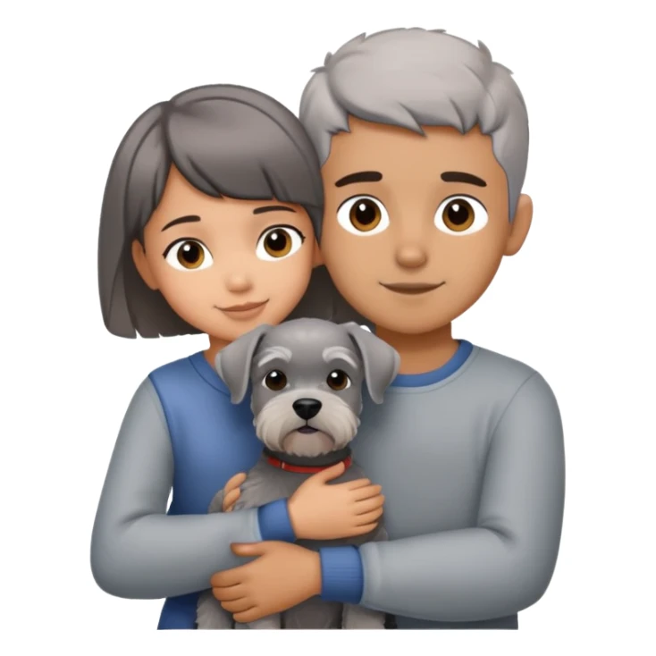 a boy and a shorthair girl hug a grey Schnauzer sticker