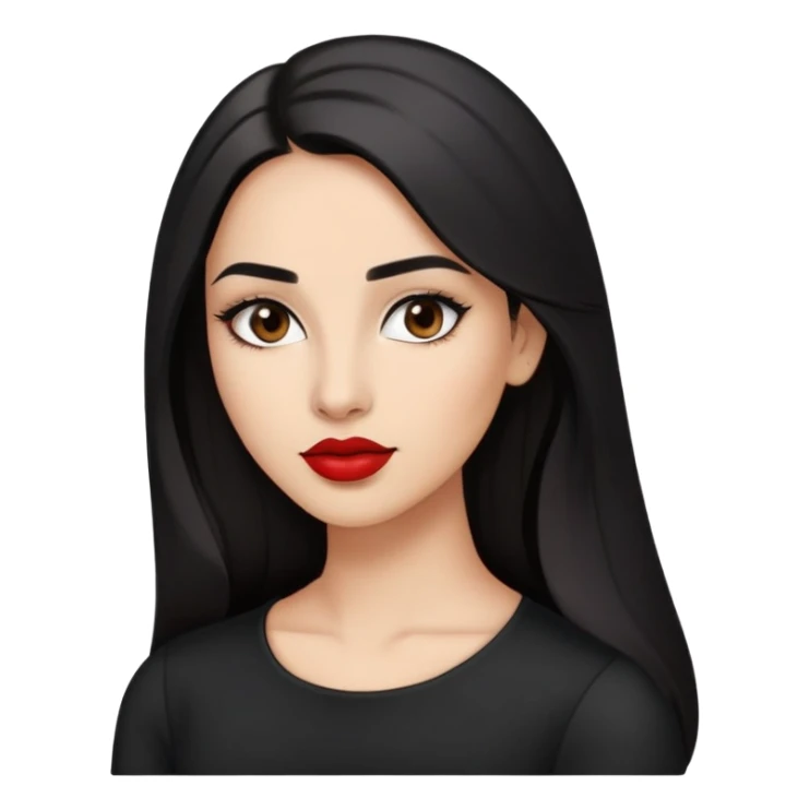 Confident young woman with oval face, elegant features, dark brown eyes, arched eyebrows, red lipstick, light brown skin, long black hair, wearing a black top sticker