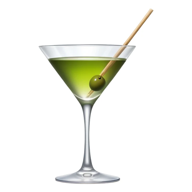 martini glass with absolutely clear water-like liquid, no color tint whatsoever, completely transparent, with a single green olive at the bottom on a wooden toothpick sticker