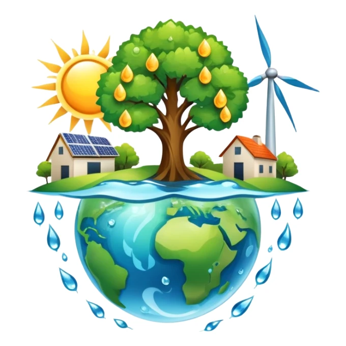 An icon featuring a green Earth, a tree, recycling symbols, and renewable energy sources like wind turbines, solar panels, and hydropower. The design includes animals, water droplets, and the sun, representing ecology, sustainable energy, and environmental protection. Transparent background. sticker