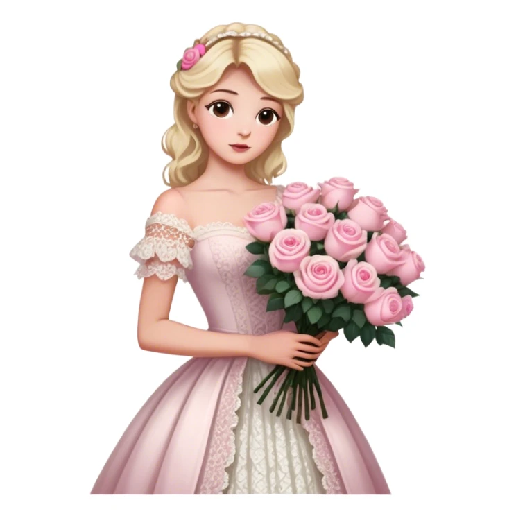 Blonde model with brown eyes wearing a white lacey rococo gown clutching a giant bouquet of cream and pink roses sticker