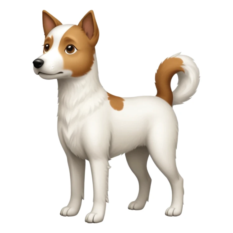 a full body large white parson russell looking dog the size of a kelpie with light brown ears and a light brown patch on one eye and a large snout sticker