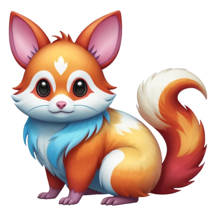  Shiny iridescent light warmly colored reddish-orange-gold-gradients vibrant bioluminescent colorful pastel flourishing flurry fuzzy Absol-Minccino-Furret-Zangoose-Chinchilla-Stitch-fusion-animal-Fakémon-hybrid-creature, by griffsnuff sticker