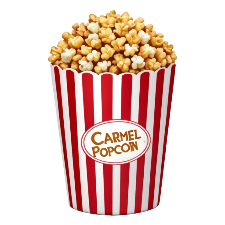 large package of caramel popcorn, red and white vertically striped package with thick stripes, golden brown caramel popcorn visible at the top, no text or labels on package, only stripe pattern, authentic Apple emoji style with glossy finish, prominent package size sticker