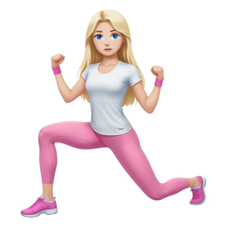 A cinematically realistic blonde with long hair and blue eyes, dressed in a white top and pink leggings, does a sports exercise called lunges sticker
