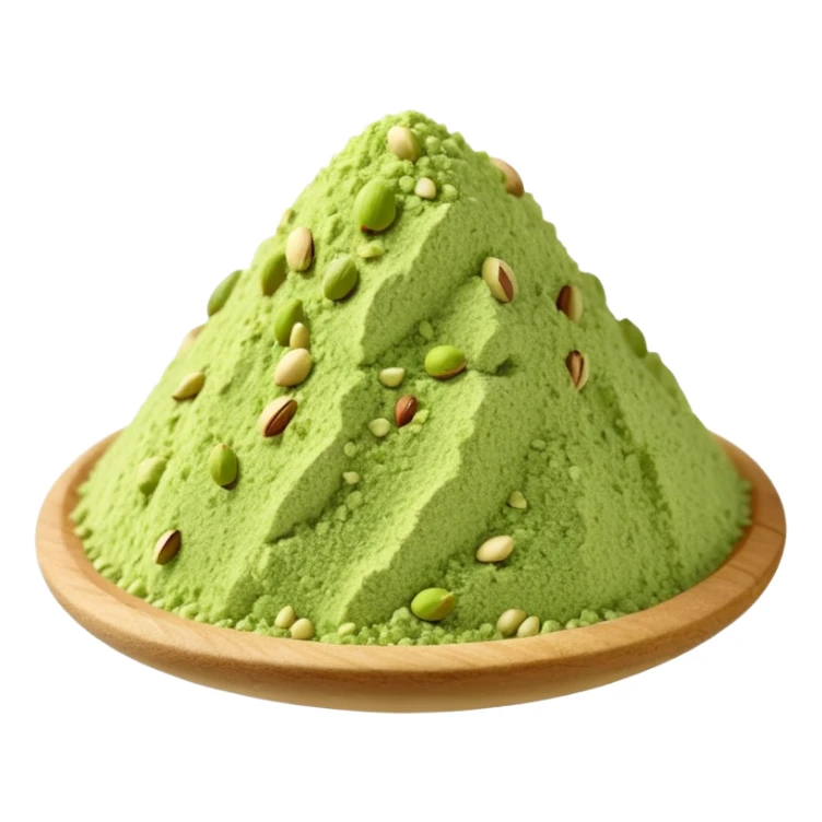 small mound of finely ground pistachio powder, soft crumbly texture, rich green color with pale beige flecks, irregular surface, natural grain, slightly matte finish, soft lighting, subtle shadows, emoji scale sticker