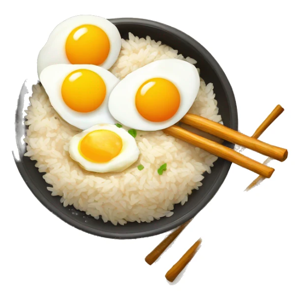 a bowl of rice with double sunny side up eggs and 2 chicken drumstick sticker
