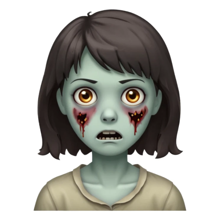A zombie with a scared face, with medium wavy dark hair and short bangs sticker