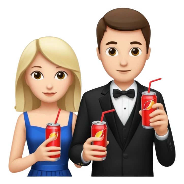 husband and wife at wedding holding energy drinks sticker