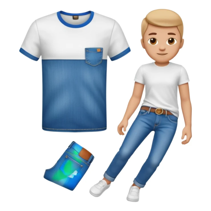 A 3D cartoon casual T-shirt and jeans outfit arranged on flat surface, bright lighting, Memoji-style realism. sticker