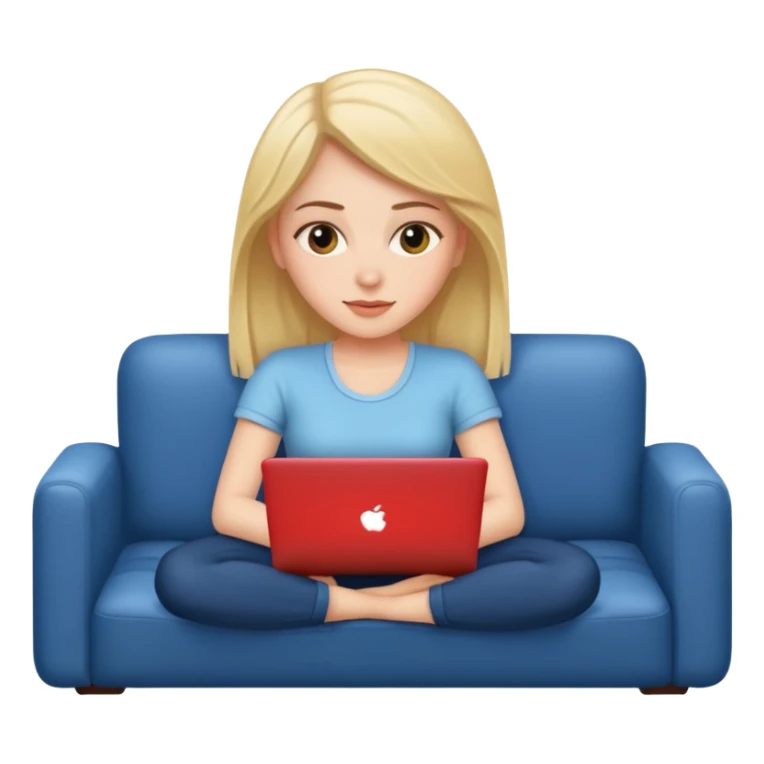 A white girl is lying on a sofa with a laptop sticker