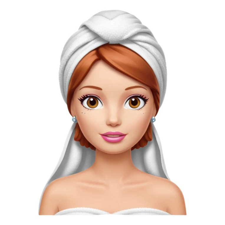 A Barbie face with shoulder-length reddish brown hair, makeup with cream on her face and a towel on her head sticker